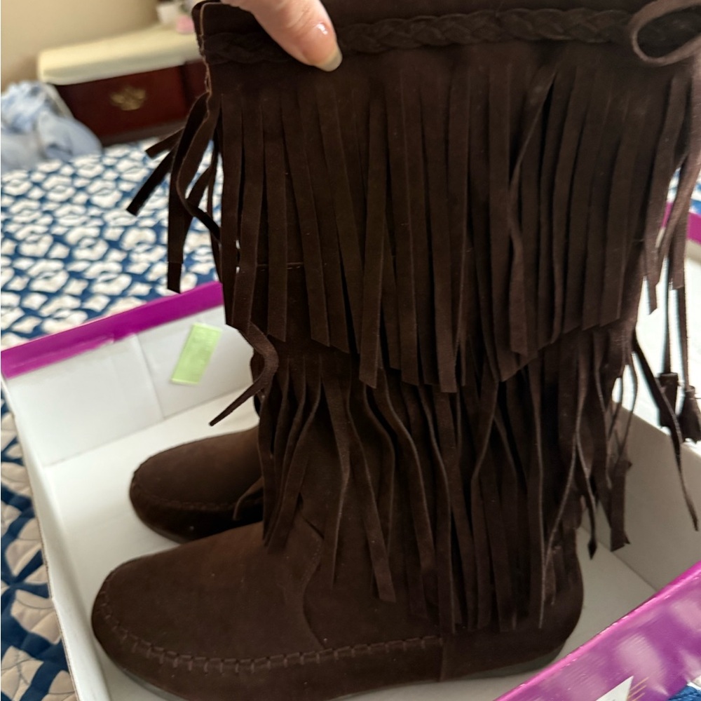 Rampage Dark Brown Suede Moccasins with Fringe